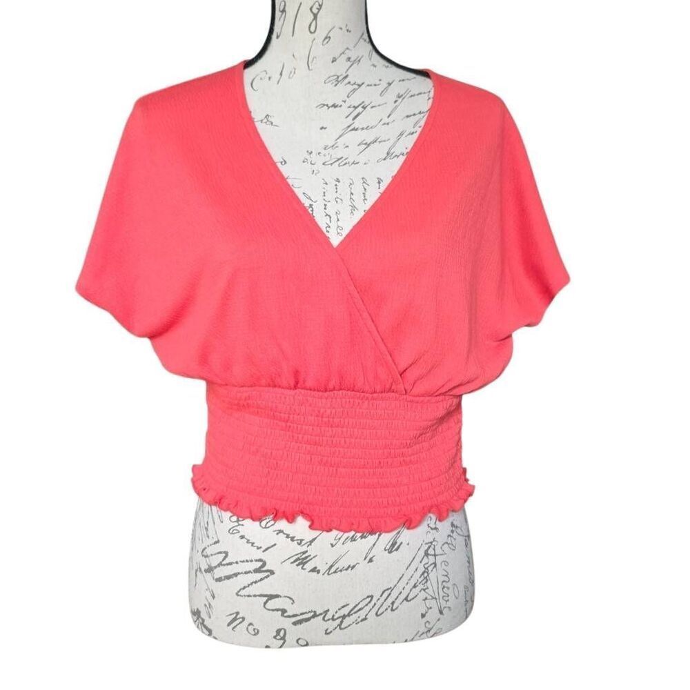 Bar III Women's Size Large Coral Wrap Style Shirred Crop Blouse